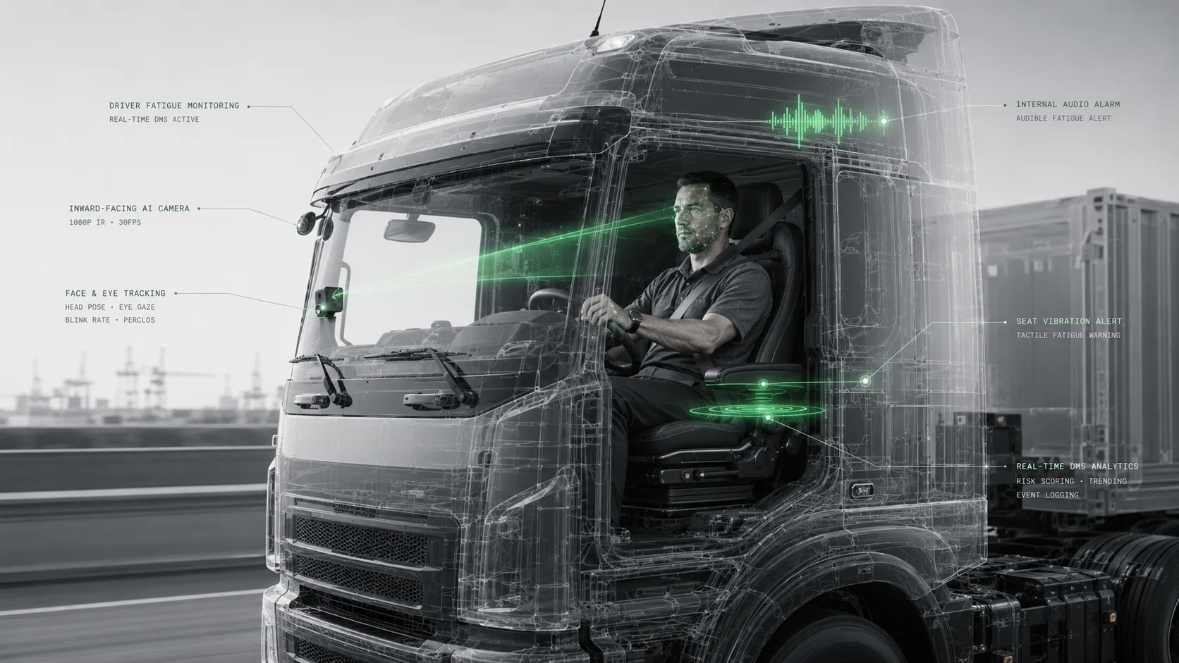 Driver awareness and fatigue monitoring system inside a heavy vehicle cab