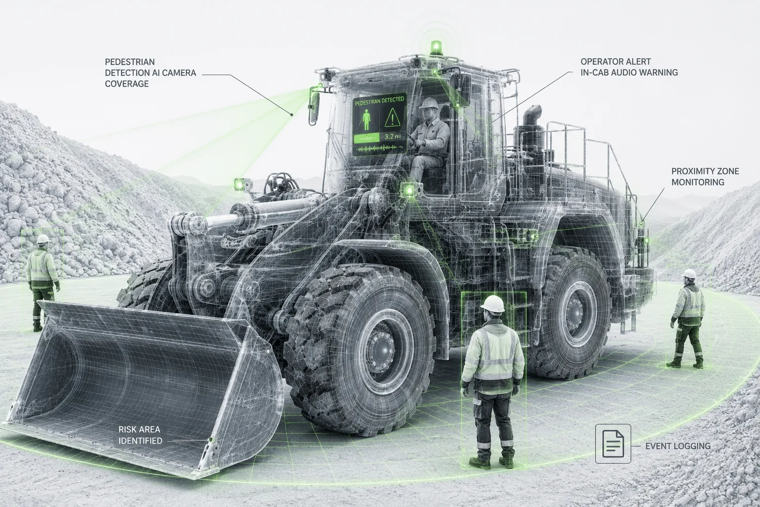Dump truck pedestrian proximity detection system with AI camera coverage