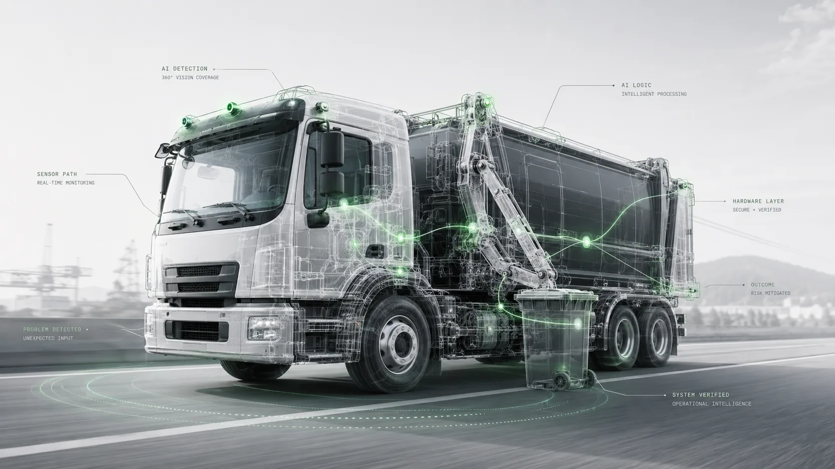 Waste collection vehicle with AI detection system overlay