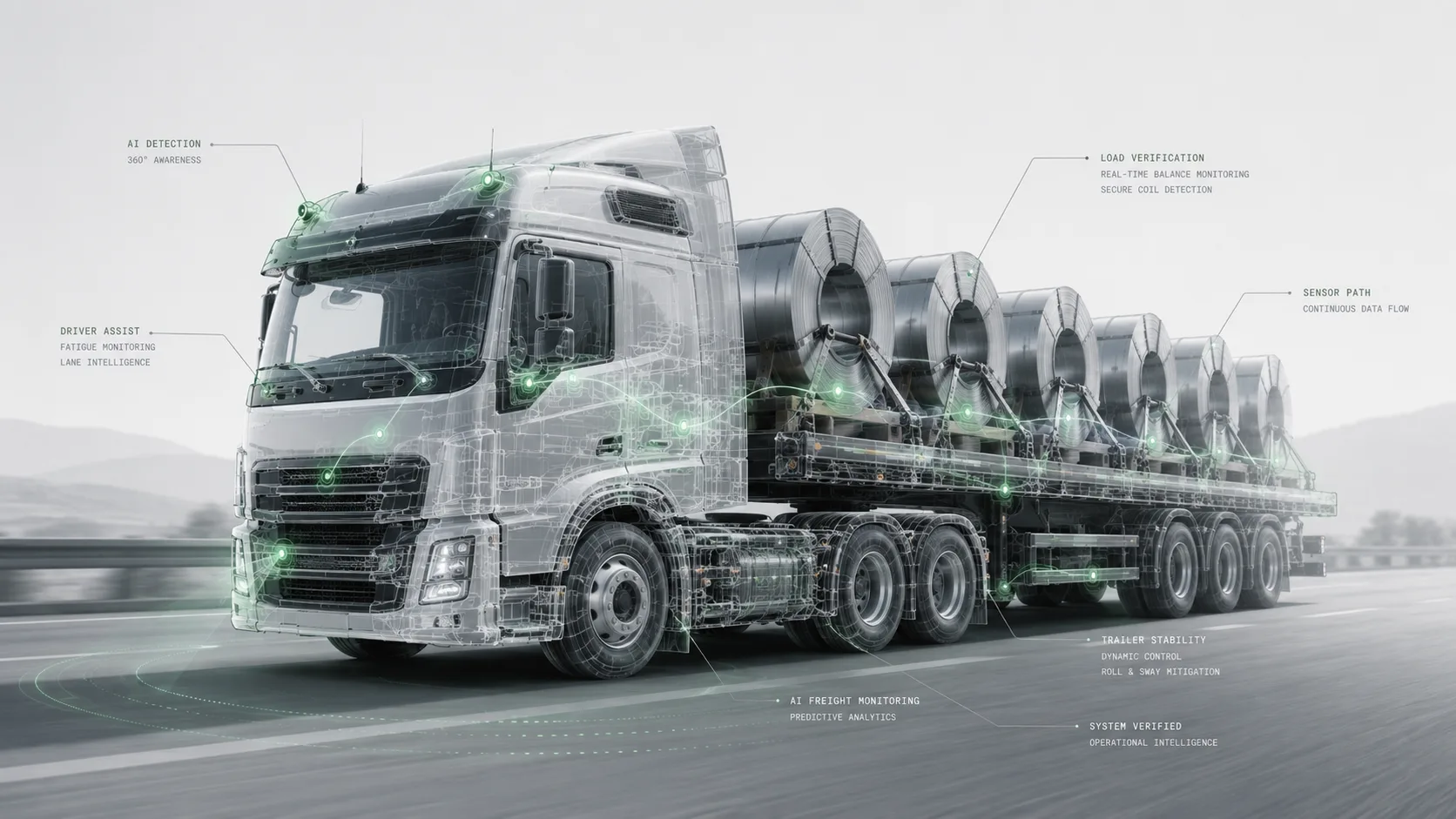 Steel coil transport vehicle with technical load monitoring overlay